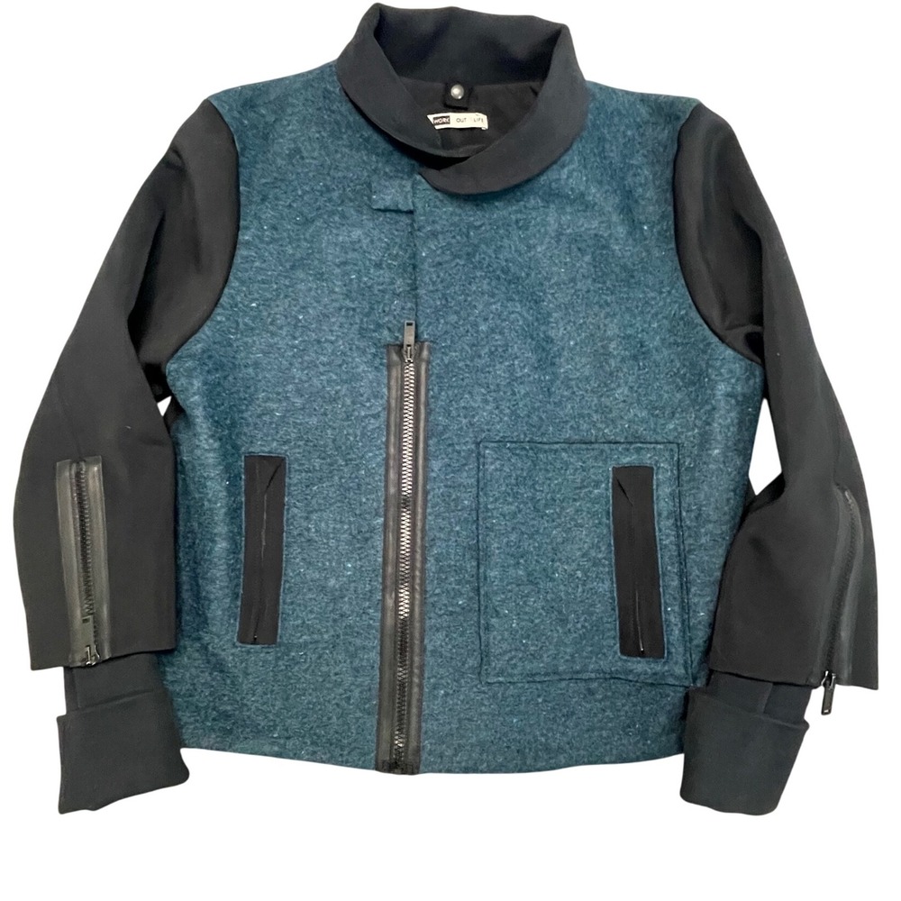 WORK OUT LIFE Teal Speckled Wool moto Jacket Black Contrast Trim Zip Size M